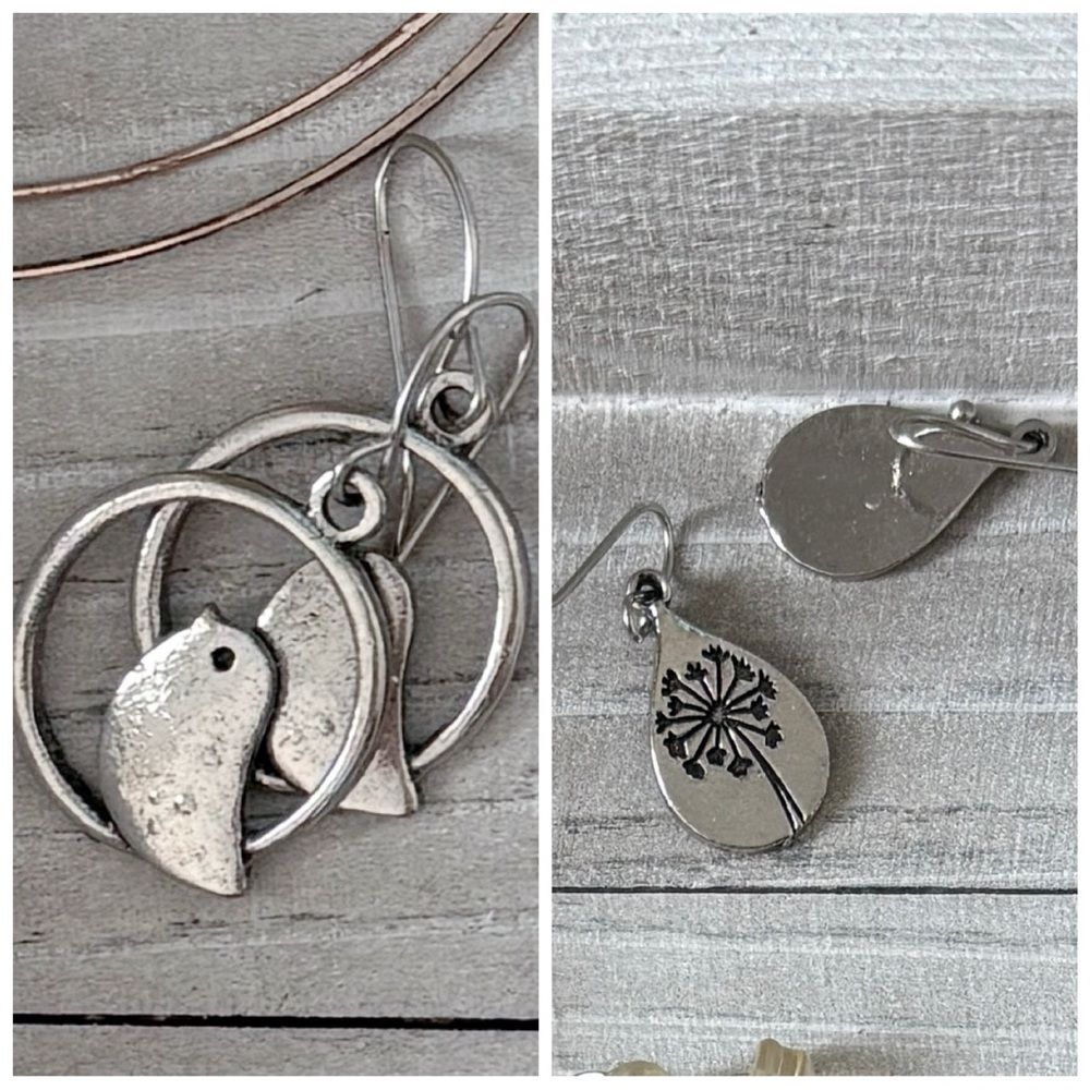 Silver Tone Teardrop Floral Earrings Bundle Minimal Boho Set